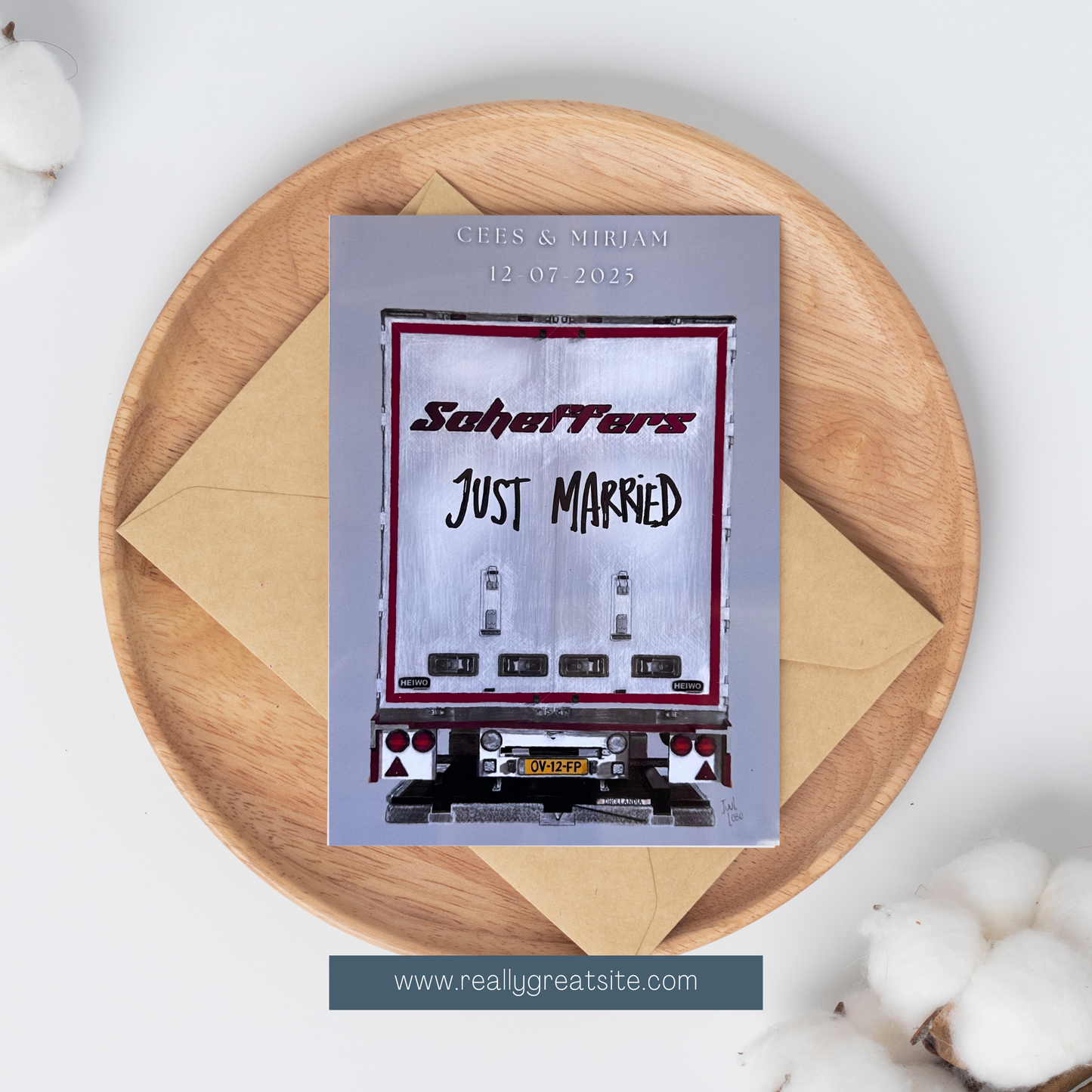 Personalized 'Just Married' card on a wooden plate with a white background