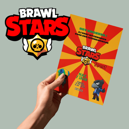 Bright red and yellow Brawl Stars birthday invitation template with customizable text.