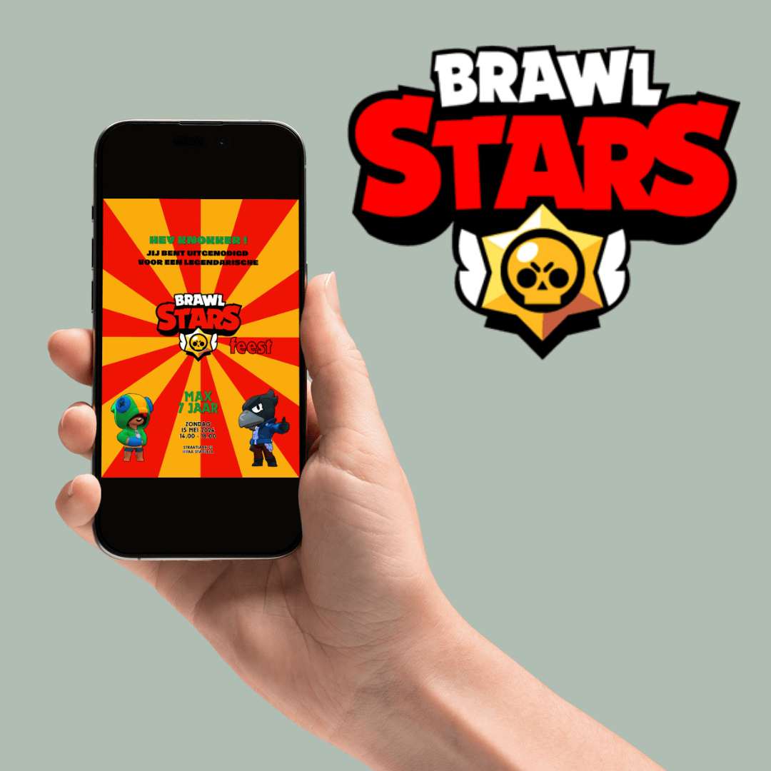 Hand holding a smartphone displaying a Brawl Stars-themed editable invitation template.