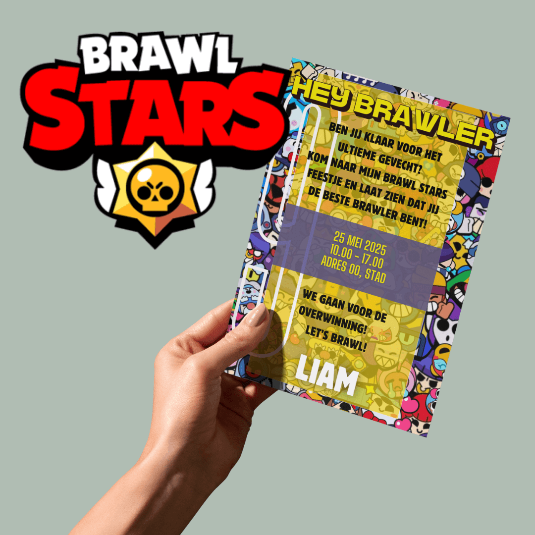 Heroic-themed Brawl Stars birthday invitation template, editable in Canva.