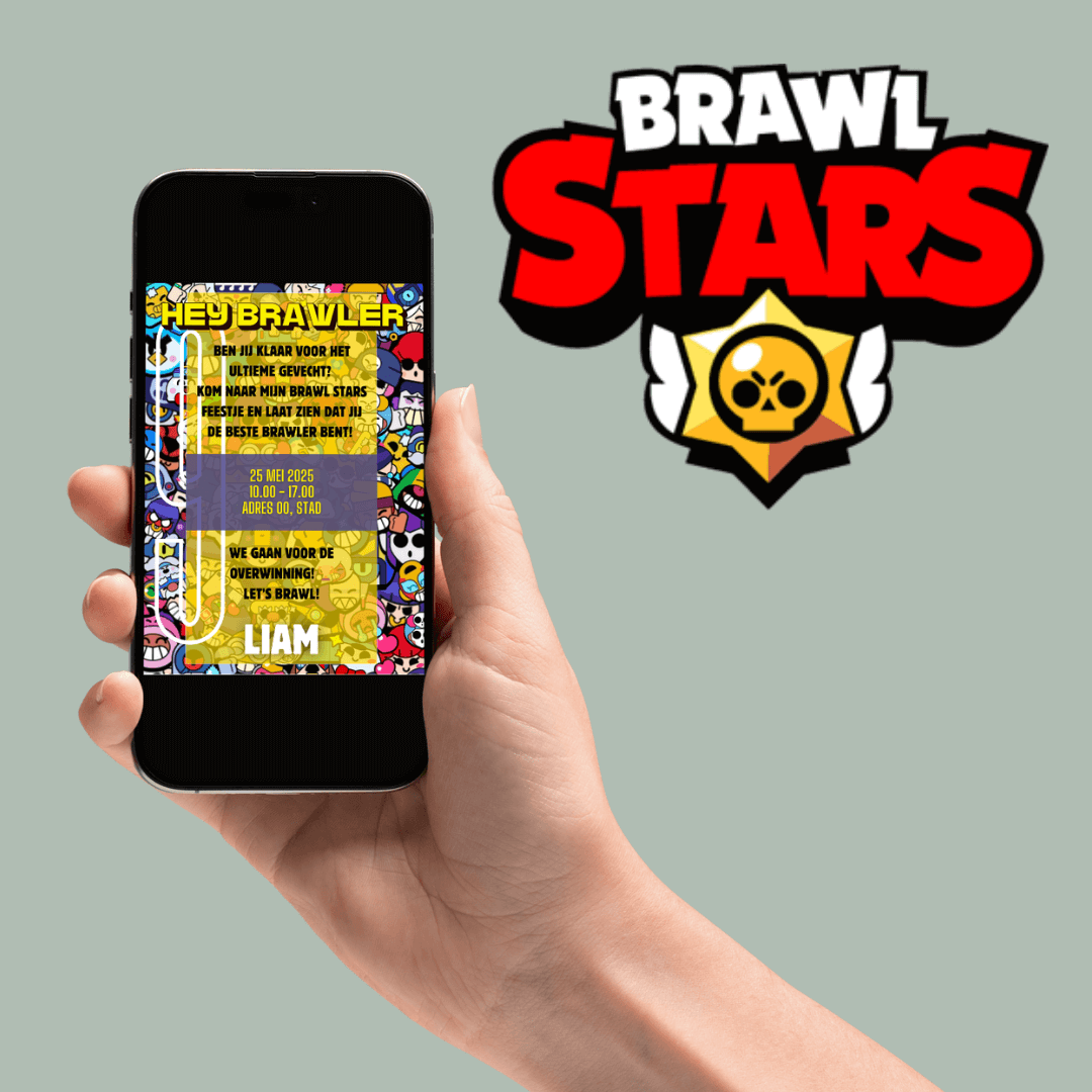 Heroic-themed Brawl Stars birthday invitation template, editable in Canva.