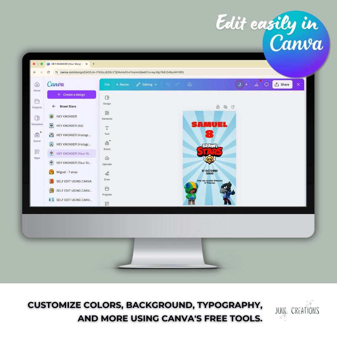 Screenshot of a Brawl Stars birthday invitation being edited in Canva with customizable options.