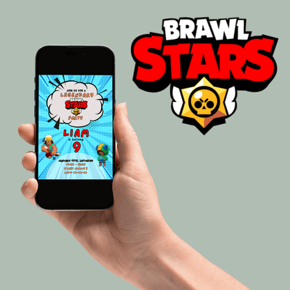 Brawl Stars-themed birthday invitation card held in hand, featuring colorful characters and text for Liam's 9th birthday. Design includes a comic-style blue burst background with party details.