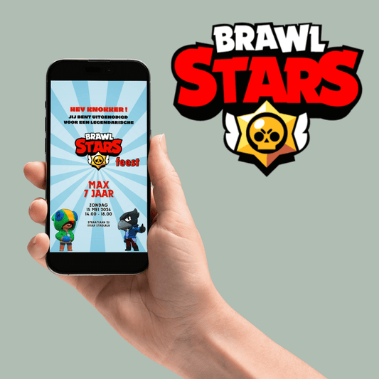 Brawl Stars-themed birthday invitation in a telephone, featuring text in Dutch for Max's 7th birthday party. Design includes a blue burst background, party details, and popular characters.