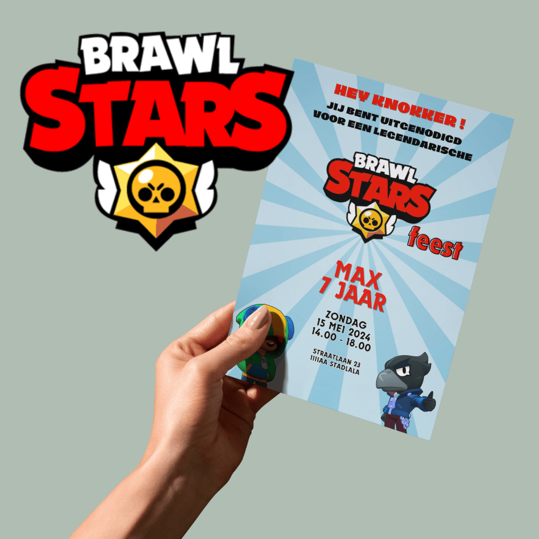 Brawl Stars-themed birthday invitation card held in hand, featuring text in Dutch for Max's 7th birthday party. Design includes a blue burst background, party details, and popular characters.