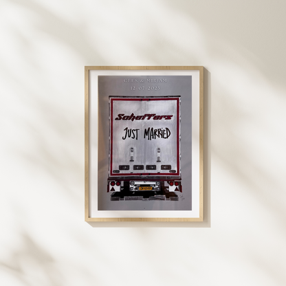 Framed artwork with 'Just Married' text and a car design on a white wall.