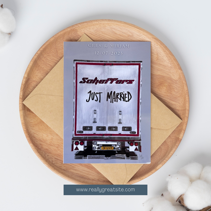 Personalized 'Just Married' card on a wooden plate with a white background