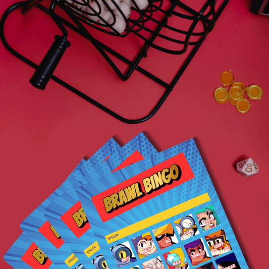 a set of brawl stars-themed bingo cards titled "Brawl Bingo"displayed on a red background with a bingo cage, coins, and a dice.